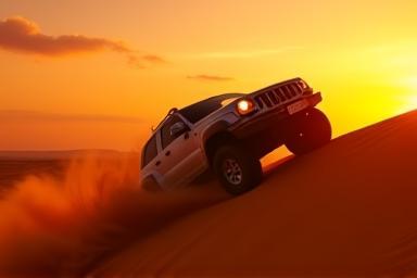 4x4 vehicle dune bashing in the desert at sunset
