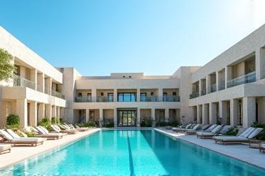 Exterior view of a luxury hotel with pool