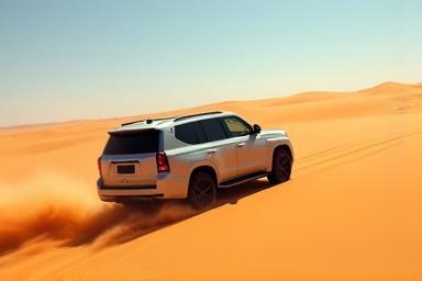 Luxury car driving through desert dunes